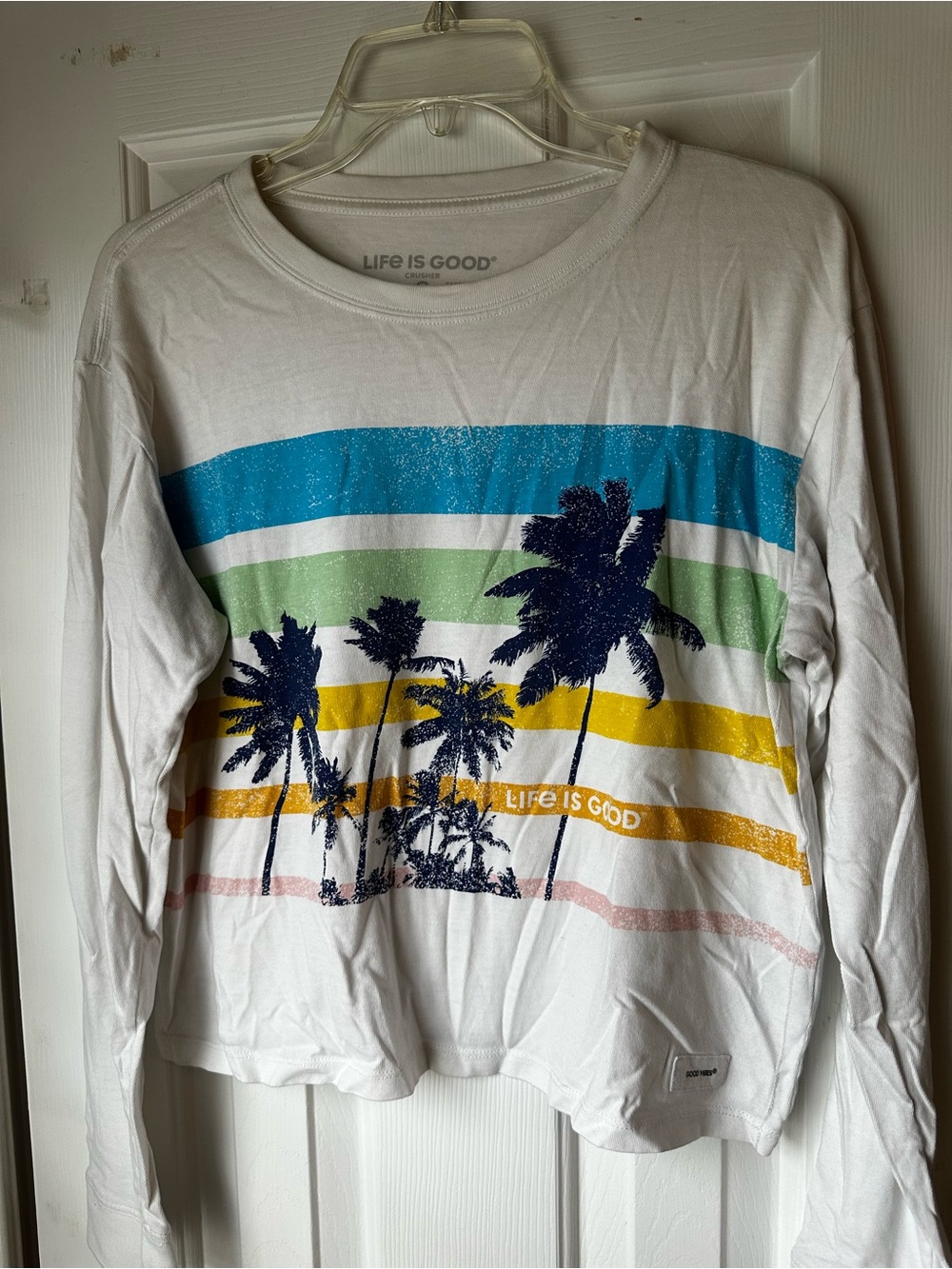 Life Is Good White Long-Sleeve Tee with Colorful Stripe & Navy Palm Print